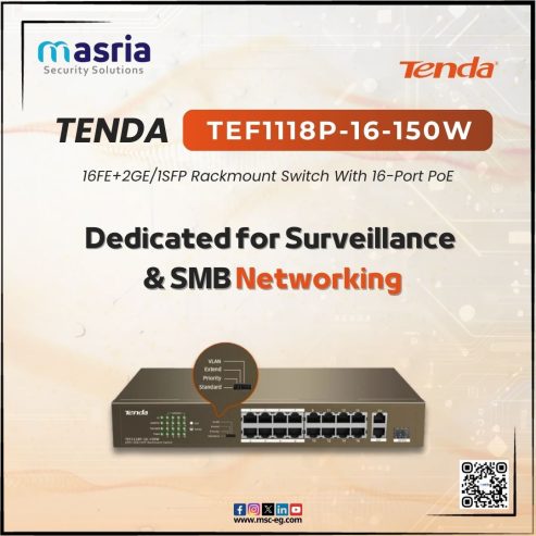 سويتش TENDA TEF1118P-16-150W  هو الحل العملي لأي نظام مراقبة أو شبكة صغيرة! إذا كنت بتدور على سويتش يوفر لك القوة والمرونة في نفس الوقت، فده هو الاختيار الصح. 